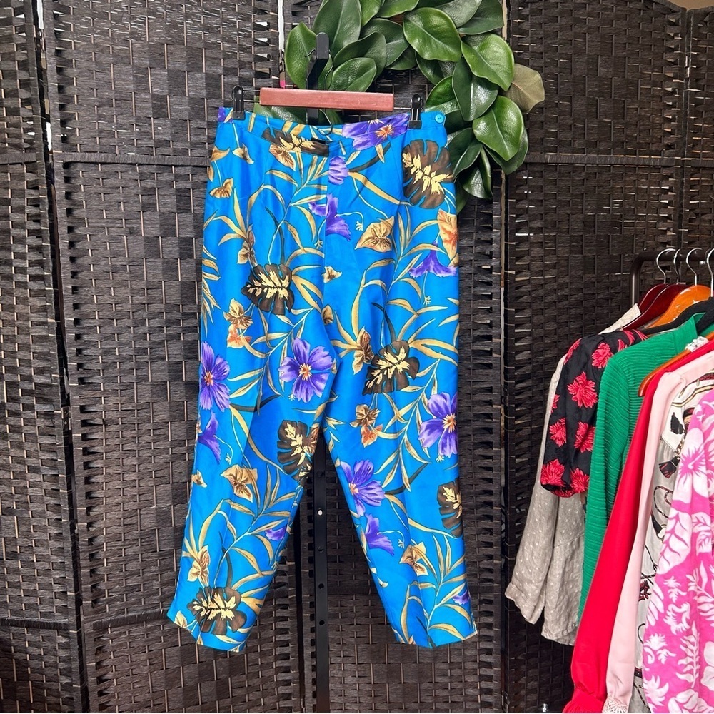 Silkland blue tapered Asian floral pants size 12 zips raw silk